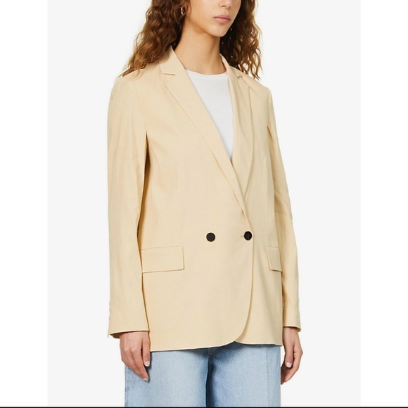 🔥THEORY Boy Double-Breasted Stretch Linen-Blend Blazer Size 6 in Oat Melange 🔥 - Picture 9 of 16